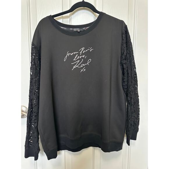 Karl Lagerfeld Paris Black Lace Sleeve Sweatshirt From Paris With Love Womens XL - Picture 1 of 7